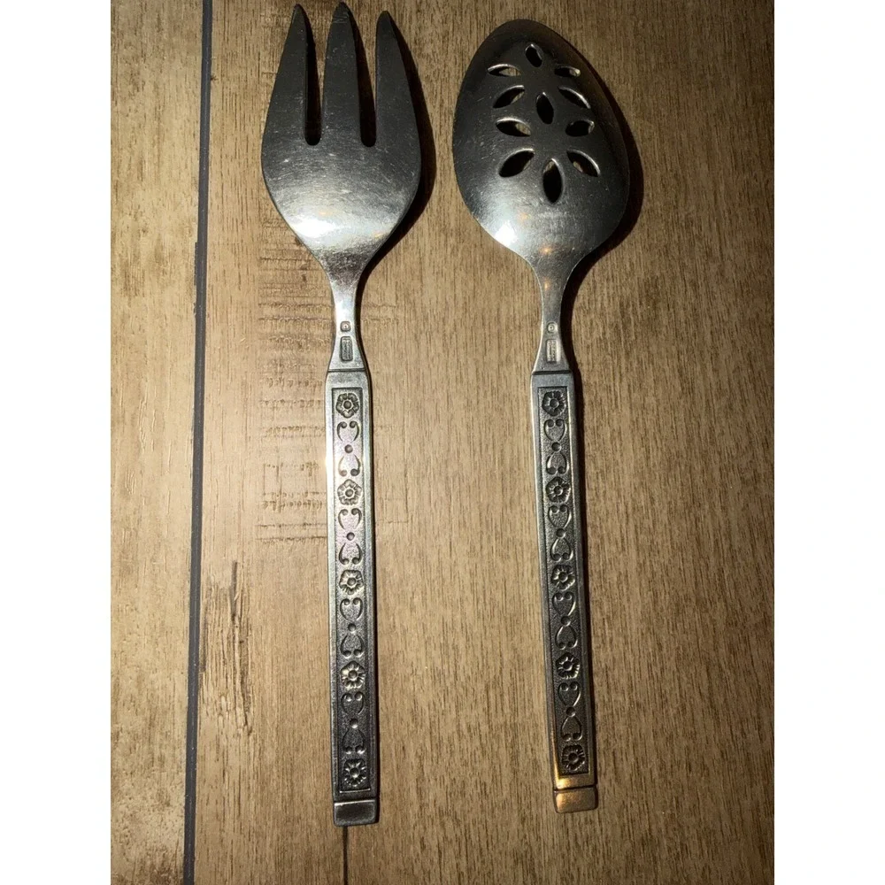Gorham Flowerette Stainless Salad Serving Set Fork and Slotted Spoon Vintage